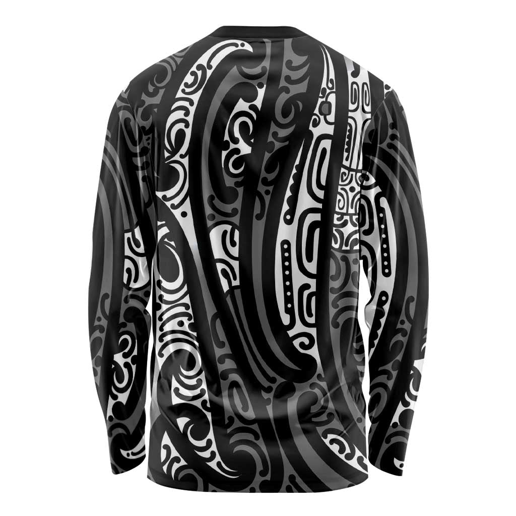 New Zealand Maori Taniko Long Sleeve Shirt Black Kowhaiwhai Puhoro LT9 - Polynesian Pride