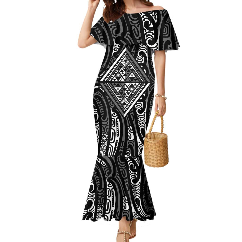 New Zealand Maori Taniko Mermaid Dress Black Kowhaiwhai Puhoro LT9 Women Black - Polynesian Pride