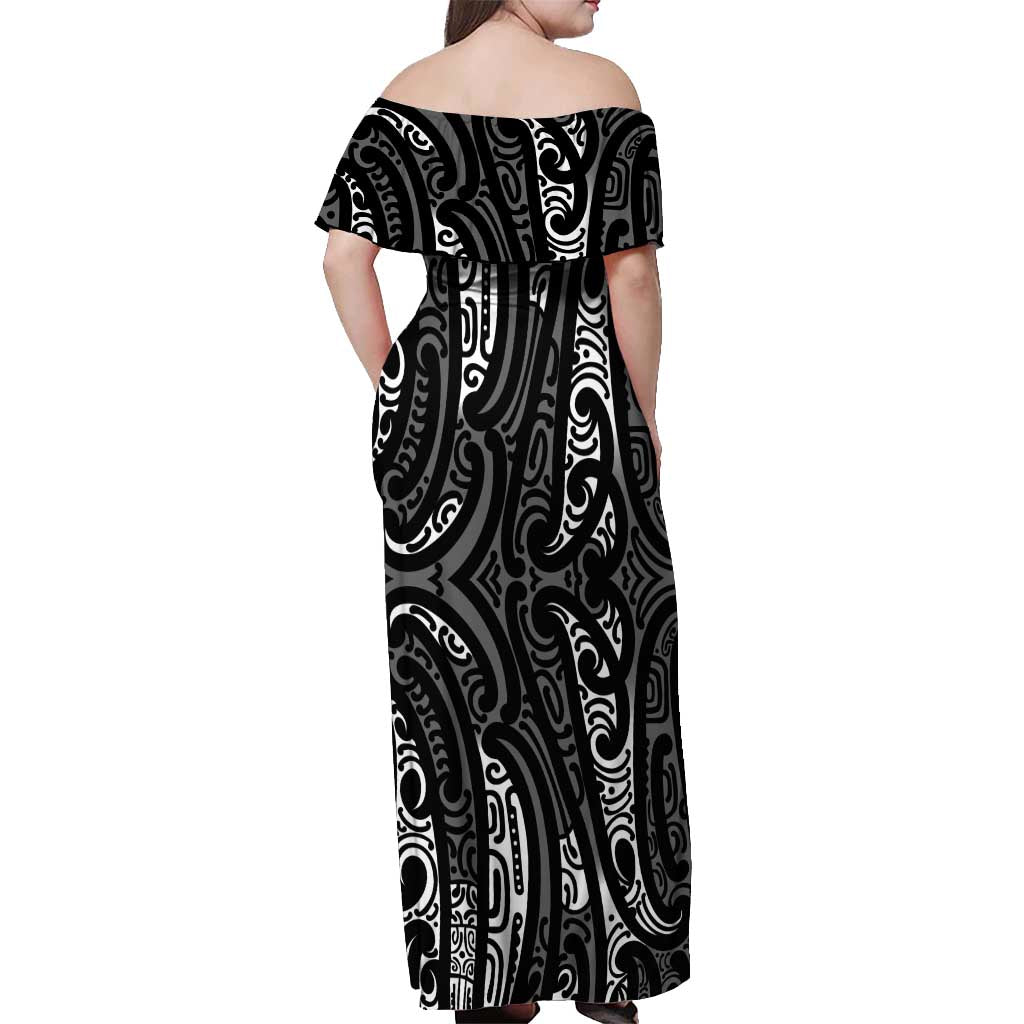 New Zealand Maori Taniko Off Shoulder Maxi Dress Black Kowhaiwhai Puhoro LT9 - Polynesian Pride