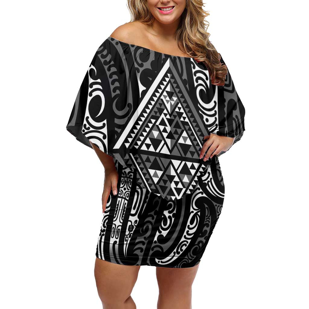 New Zealand Maori Taniko Off Shoulder Short Dress Black Kowhaiwhai Puhoro LT9 Women Black - Polynesian Pride