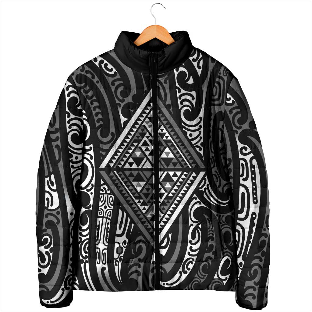 New Zealand Maori Taniko Padded Jacket Black Kowhaiwhai Puhoro - Polynesian Pride