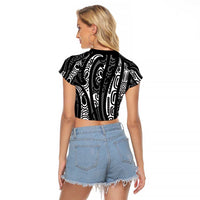 New Zealand Maori Taniko Raglan Cropped T Shirt Black Kowhaiwhai Puhoro LT9 - Polynesian Pride