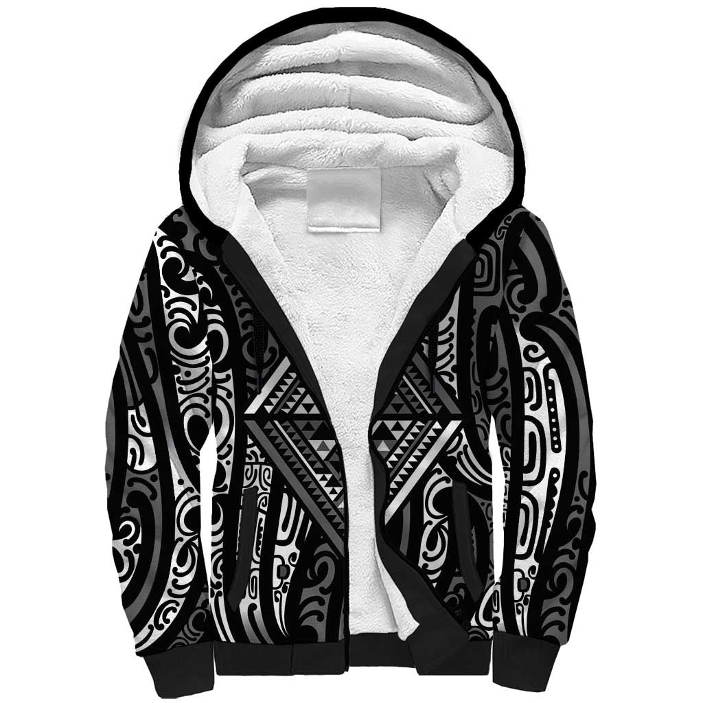 New Zealand Maori Taniko Sherpa Hoodie Black Kowhaiwhai Puhoro LT9 Unisex Black - Polynesian Pride