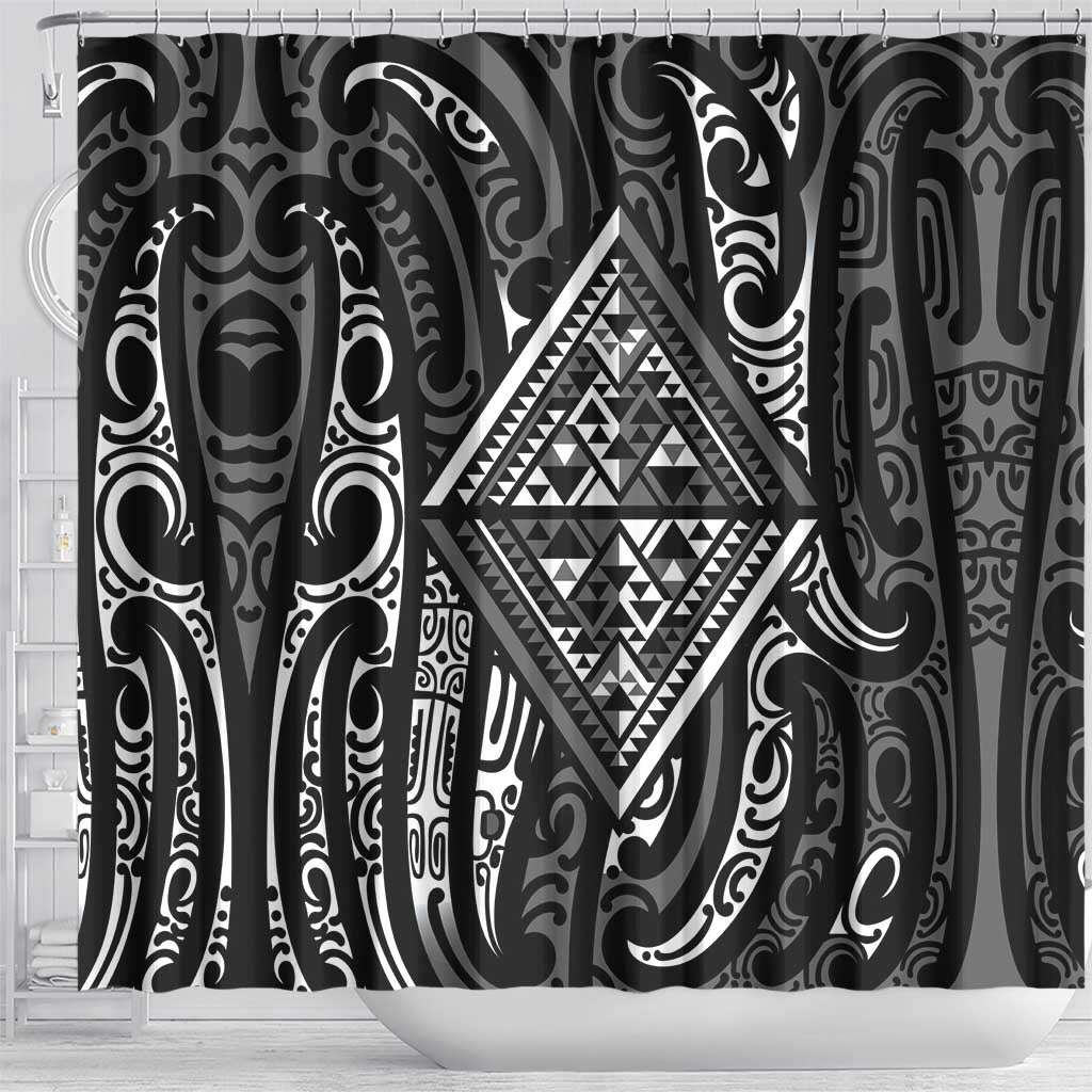 New Zealand Maori Taniko Shower Curtain Black Kowhaiwhai Puhoro LT9 - Polynesian Pride