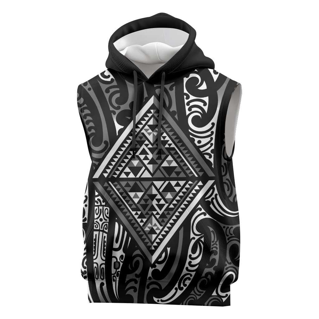 New Zealand Maori Taniko Sleeveless Hoodie Black Kowhaiwhai Puhoro LT9 Black - Polynesian Pride