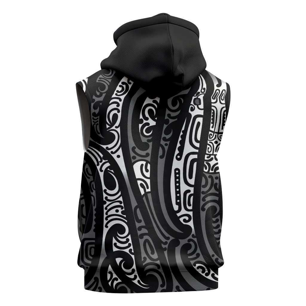 New Zealand Maori Taniko Sleeveless Hoodie Black Kowhaiwhai Puhoro LT9 - Polynesian Pride