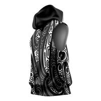 New Zealand Maori Taniko Sleeveless Hoodie Black Kowhaiwhai Puhoro LT9 - Polynesian Pride
