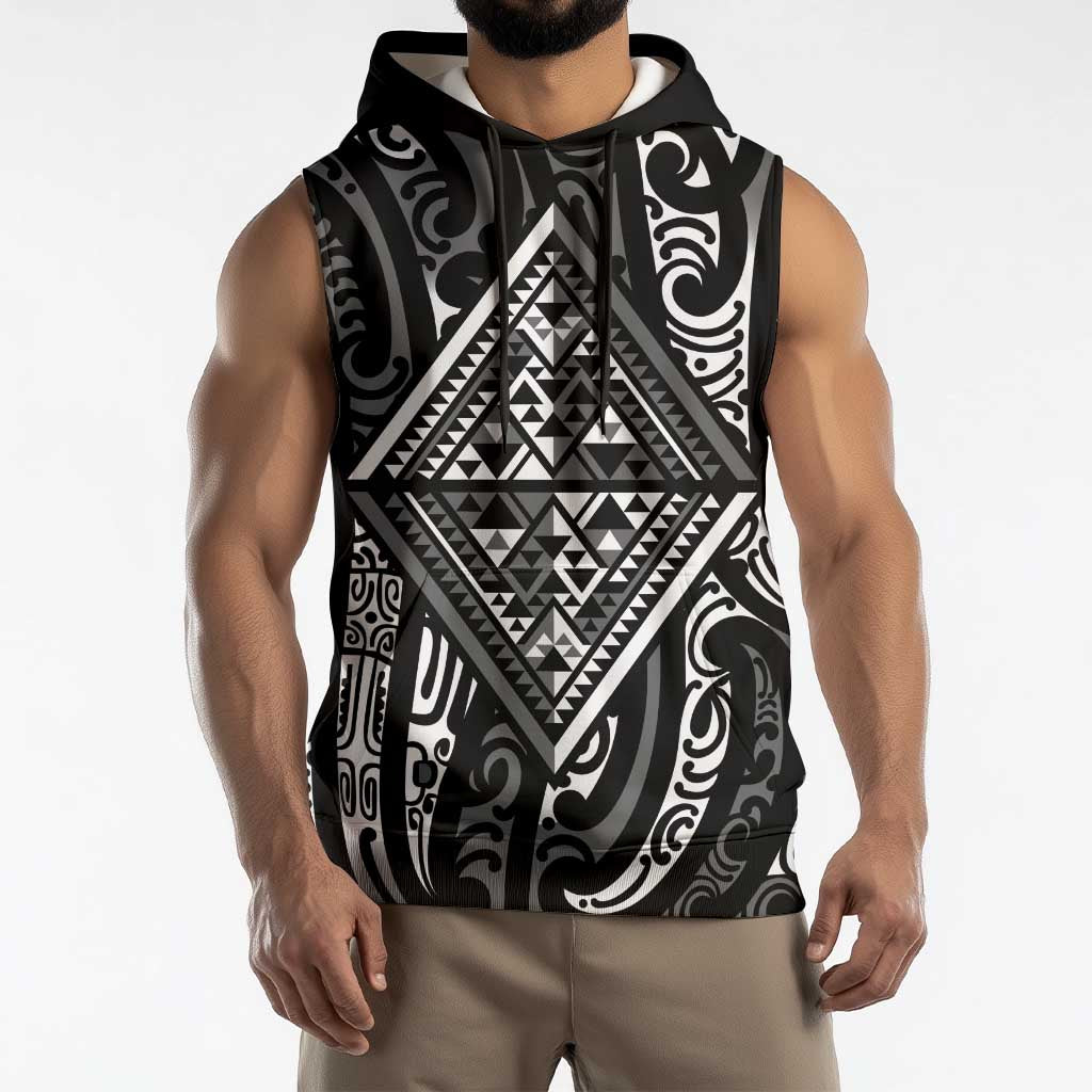 New Zealand Maori Taniko Sleeveless Hoodie Black Kowhaiwhai Puhoro LT9 - Polynesian Pride
