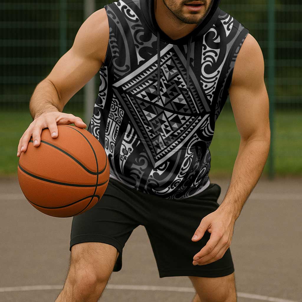 New Zealand Maori Taniko Sleeveless Hoodie Black Kowhaiwhai Puhoro LT9 - Polynesian Pride