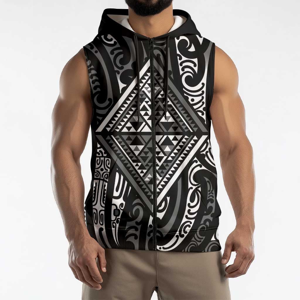 New Zealand Maori Taniko Sleeveless Zip Hoodie Black Kowhaiwhai Puhoro LT9 - Polynesian Pride