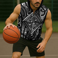 New Zealand Maori Taniko Sleeveless Zip Hoodie Black Kowhaiwhai Puhoro LT9 - Polynesian Pride