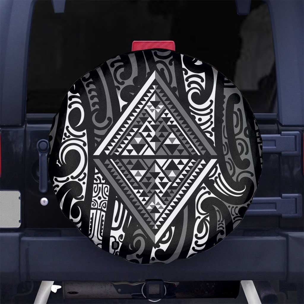 New Zealand Maori Taniko Spare Tire Cover Black Kowhaiwhai Puhoro LT9 No hole Black - Polynesian Pride