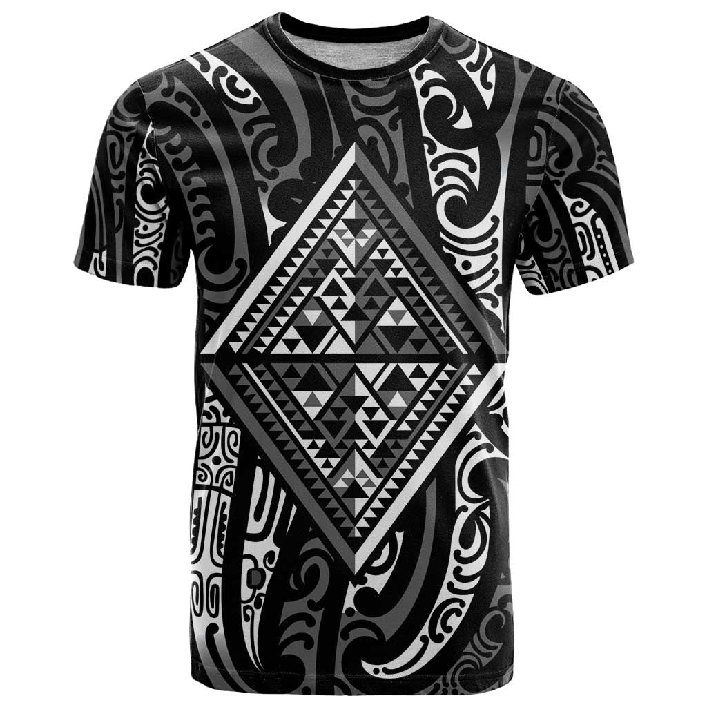 New Zealand Maori Taniko T Shirt Black Kowhaiwhai Puhoro LT9 Black - Polynesian Pride