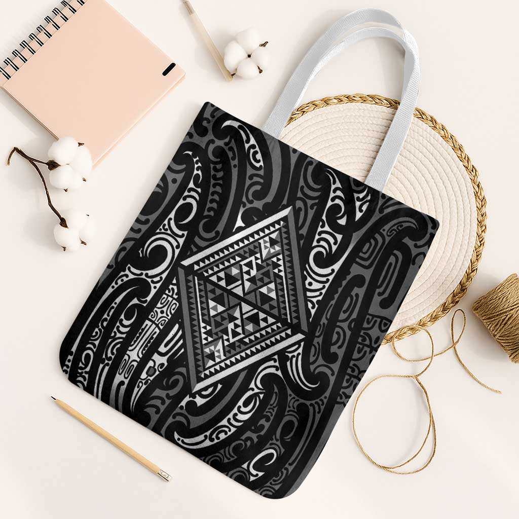 New Zealand Maori Taniko Tote Bag Black Kowhaiwhai Puhoro LT9 White Strap One Size Black - Polynesian Pride