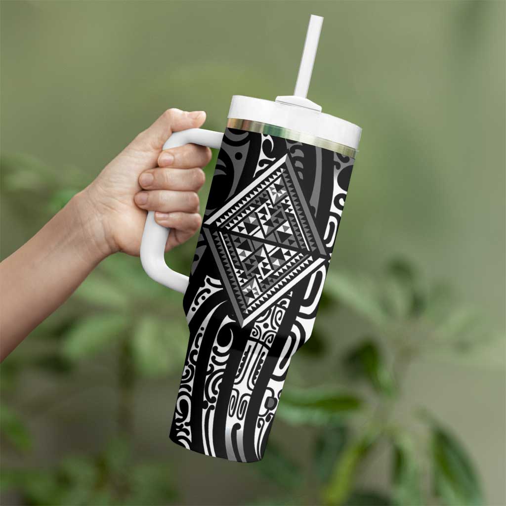 New Zealand Maori Taniko Tumbler With Handle Black Kowhaiwhai Puhoro LT9 - Polynesian Pride