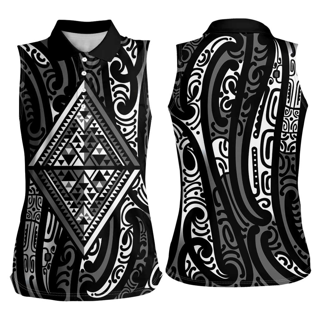 New Zealand Maori Taniko Women Sleeveless Polo Shirt Black Kowhaiwhai Puhoro LT9 - Polynesian Pride