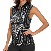 New Zealand Maori Taniko Women Sleeveless Polo Shirt Black Kowhaiwhai Puhoro LT9 - Polynesian Pride