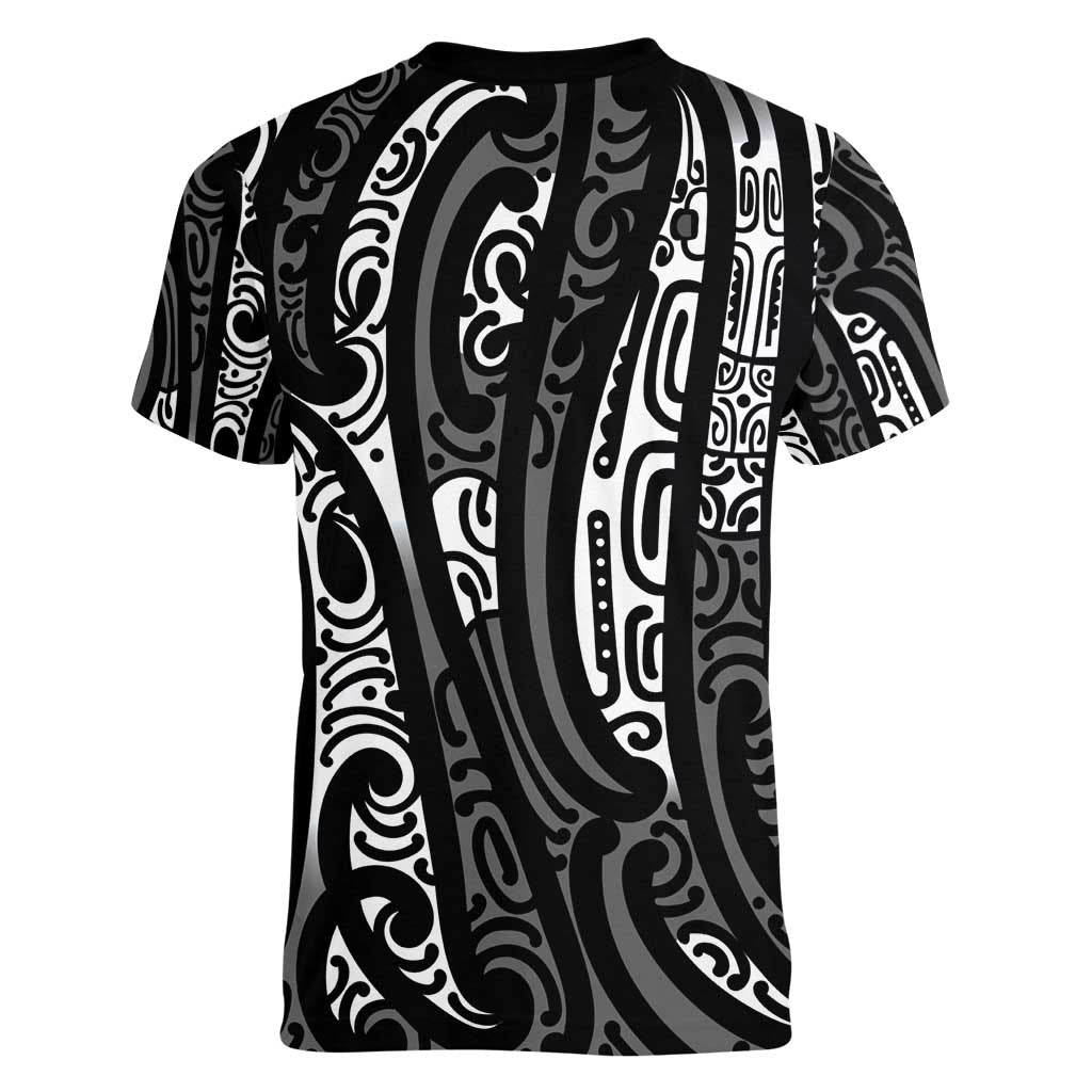 New Zealand Maori Taniko Women V-Neck T-Shirt Black Kowhaiwhai Puhoro LT9 - Polynesian Pride