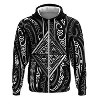 New Zealand Maori Taniko Zip Hoodie Black Kowhaiwhai Puhoro LT9 Zip Hoodie Black - Polynesian Pride