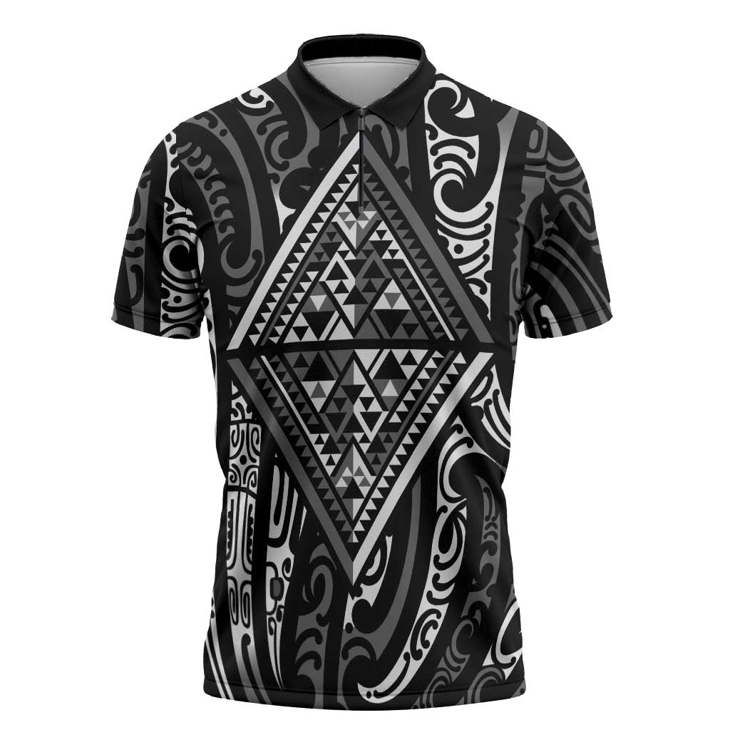 New Zealand Maori Taniko Zipper Polo Shirt Black Kowhaiwhai Puhoro LT9 Black - Polynesian Pride
