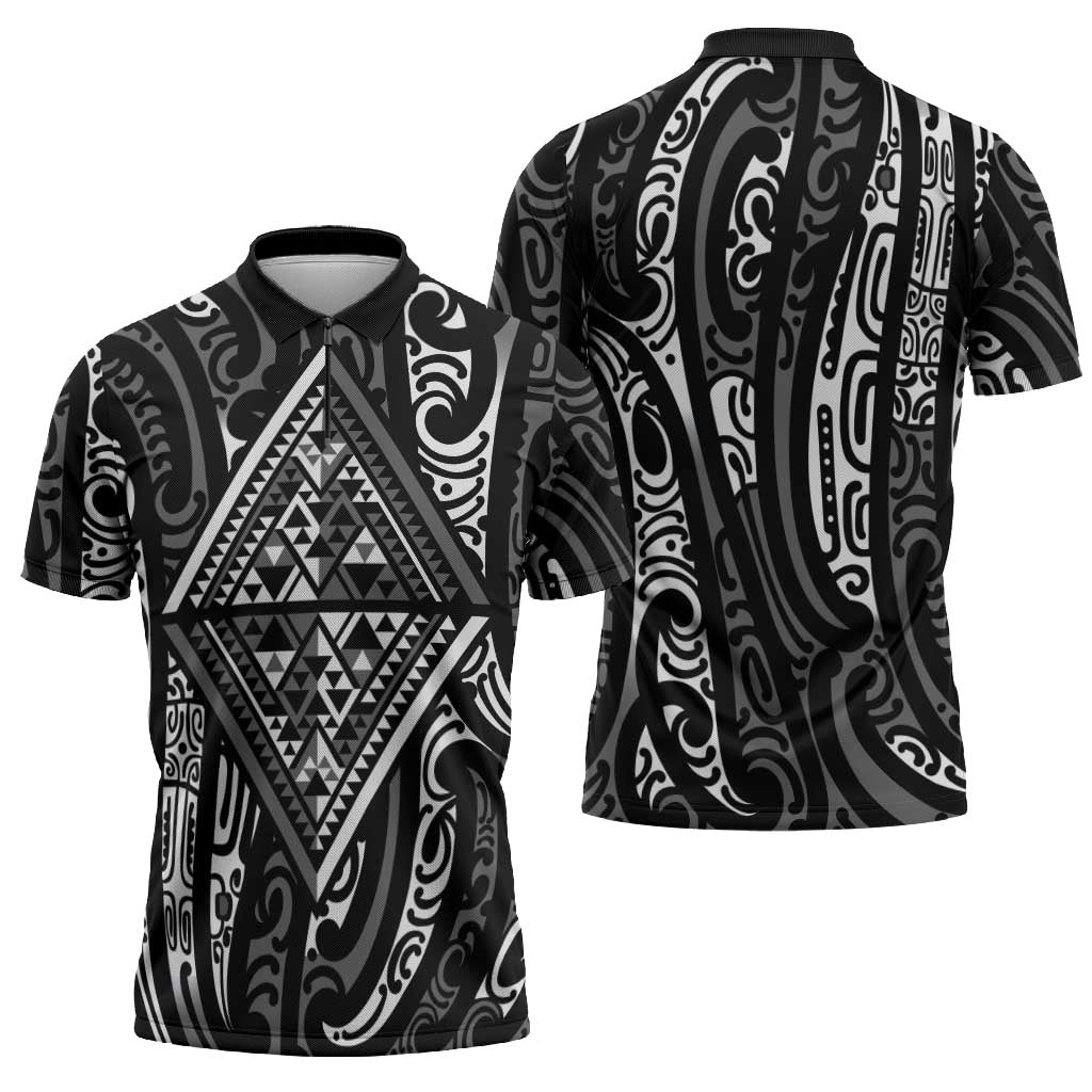 New Zealand Maori Taniko Zipper Polo Shirt Black Kowhaiwhai Puhoro LT9 - Polynesian Pride