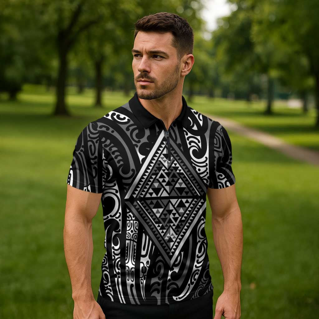 New Zealand Maori Taniko Zipper Polo Shirt Black Kowhaiwhai Puhoro LT9 - Polynesian Pride