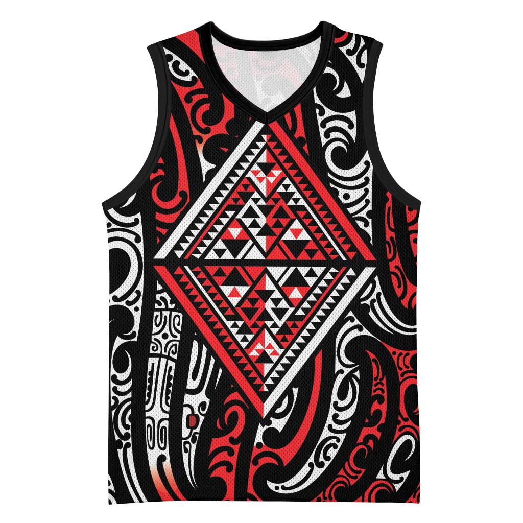 New Zealand Maori Taniko Basketball Jersey Red Kowhaiwhai Puhoro LT9 Unisex Red - Polynesian Pride