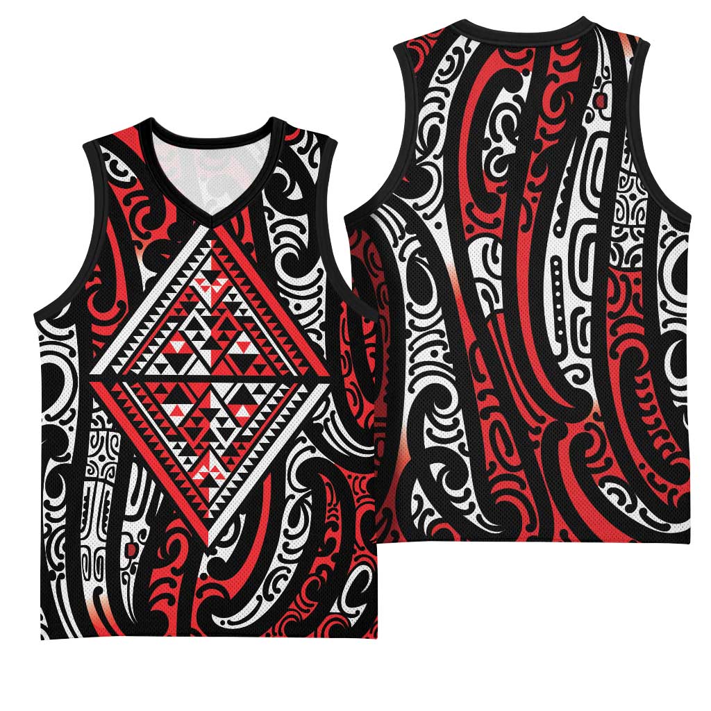 New Zealand Maori Taniko Basketball Jersey Red Kowhaiwhai Puhoro LT9 - Polynesian Pride