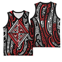 New Zealand Maori Taniko Basketball Jersey Red Kowhaiwhai Puhoro LT9 - Polynesian Pride