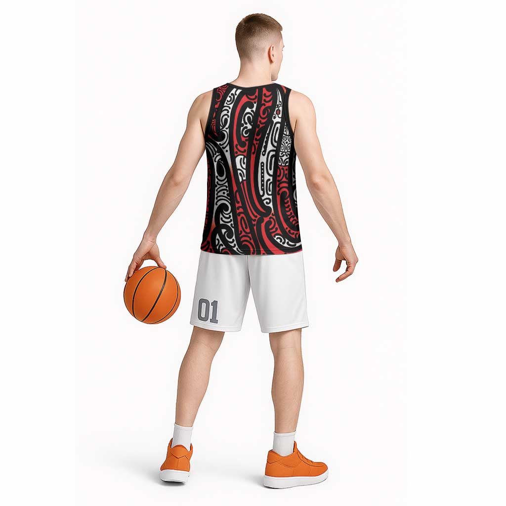 New Zealand Maori Taniko Basketball Jersey Red Kowhaiwhai Puhoro LT9 - Polynesian Pride