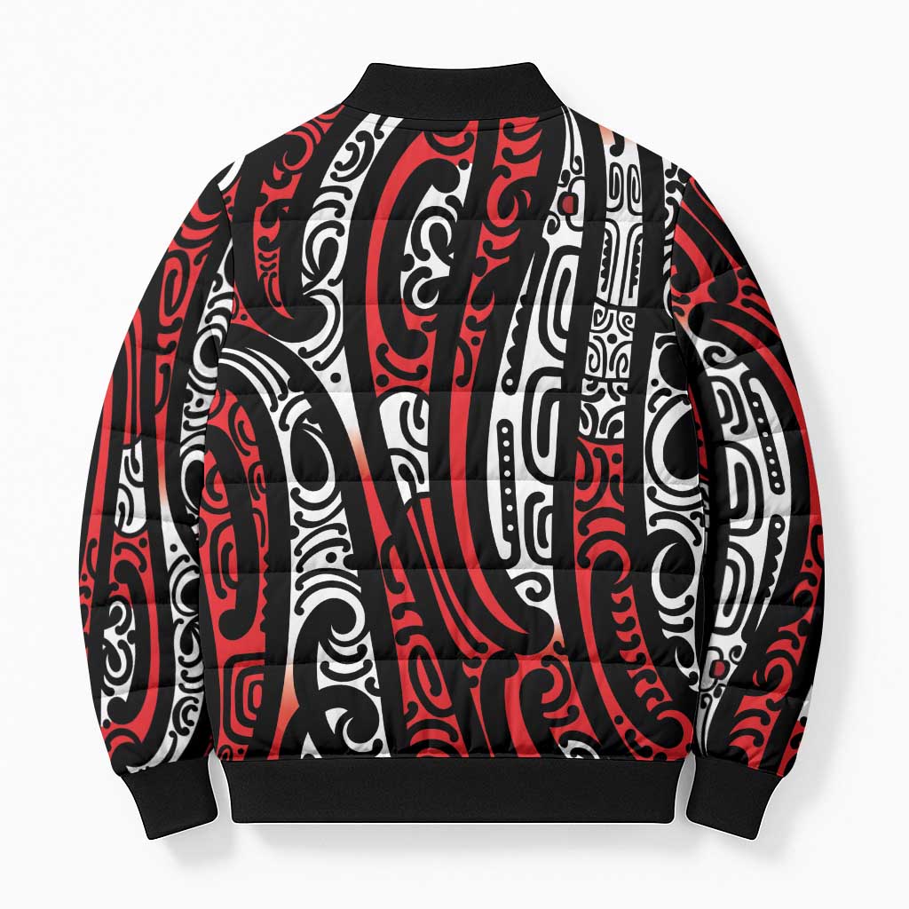 New Zealand Maori Taniko Bomber Puffer Jacket Red Kowhaiwhai Puhoro - Polynesian Pride