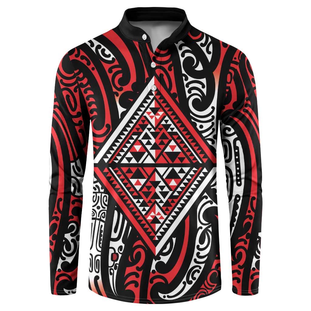 New Zealand Maori Taniko Button Sweatshirt Red Kowhaiwhai Puhoro LT9 Red - Polynesian Pride