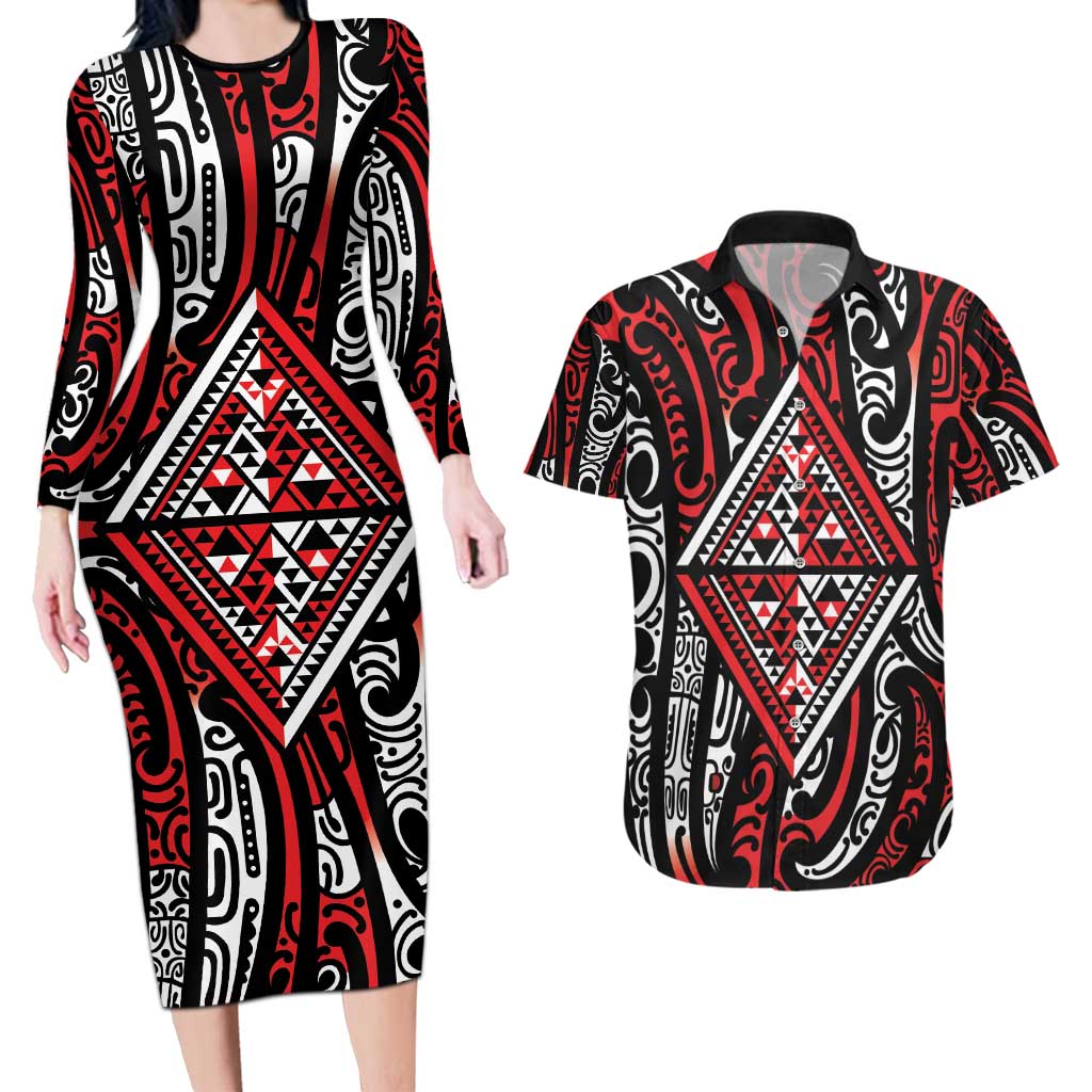 New Zealand Maori Taniko Couples Matching Long Sleeve Bodycon Dress and Hawaiian Shirt Red Kowhaiwhai Puhoro LT9 Red - Polynesian Pride