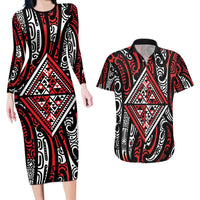 New Zealand Maori Taniko Couples Matching Long Sleeve Bodycon Dress and Hawaiian Shirt Red Kowhaiwhai Puhoro LT9 Red - Polynesian Pride