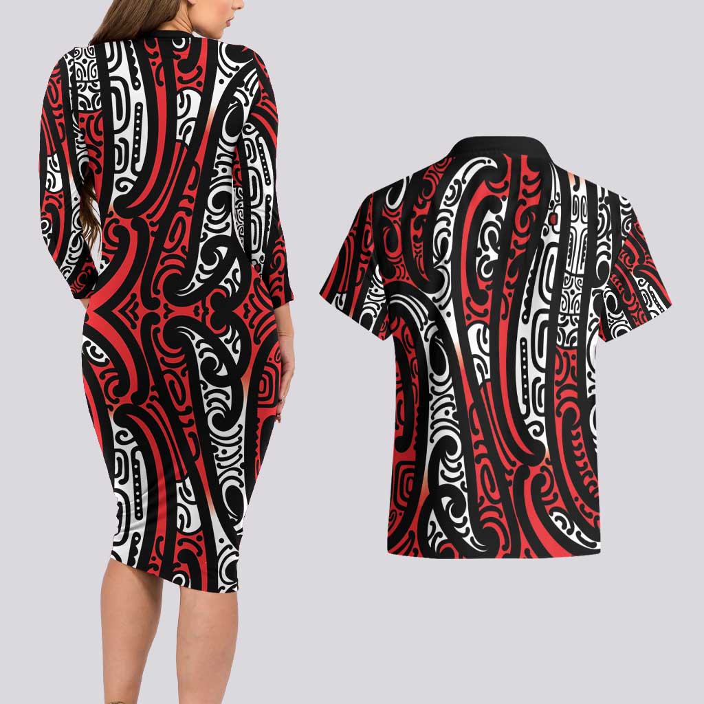 New Zealand Maori Taniko Couples Matching Long Sleeve Bodycon Dress and Hawaiian Shirt Red Kowhaiwhai Puhoro LT9 - Polynesian Pride