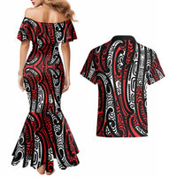 New Zealand Maori Taniko Couples Matching Mermaid Dress and Hawaiian Shirt Red Kowhaiwhai Puhoro LT9 - Polynesian Pride