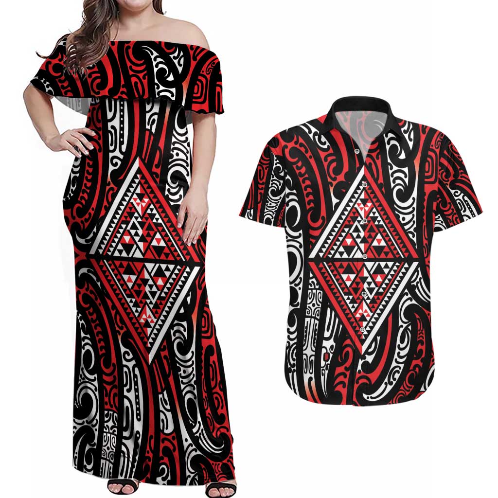 New Zealand Maori Taniko Couples Matching Off Shoulder Maxi Dress and Hawaiian Shirt Red Kowhaiwhai Puhoro LT9 Red - Polynesian Pride