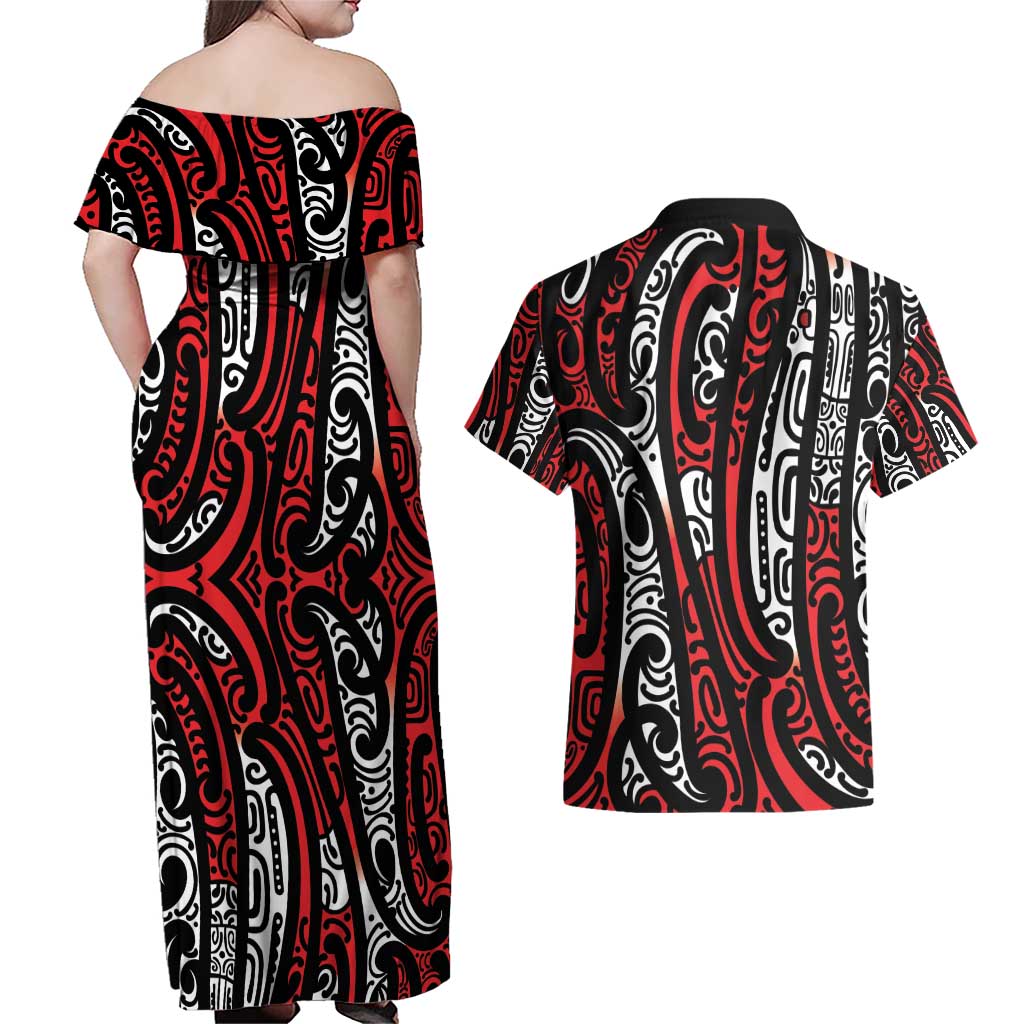 New Zealand Maori Taniko Couples Matching Off Shoulder Maxi Dress and Hawaiian Shirt Red Kowhaiwhai Puhoro LT9 - Polynesian Pride