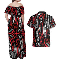 New Zealand Maori Taniko Couples Matching Off Shoulder Maxi Dress and Hawaiian Shirt Red Kowhaiwhai Puhoro LT9 - Polynesian Pride