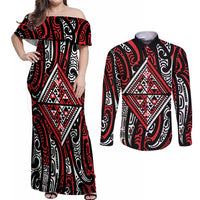 New Zealand Maori Taniko Couples Matching Off Shoulder Maxi Dress and Long Sleeve Button Shirt Red Kowhaiwhai Puhoro LT9 Red - Polynesian Pride