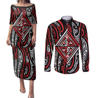 New Zealand Maori Taniko Couples Matching Puletasi and Long Sleeve Button Shirt Red Kowhaiwhai Puhoro LT9 Red - Polynesian Pride