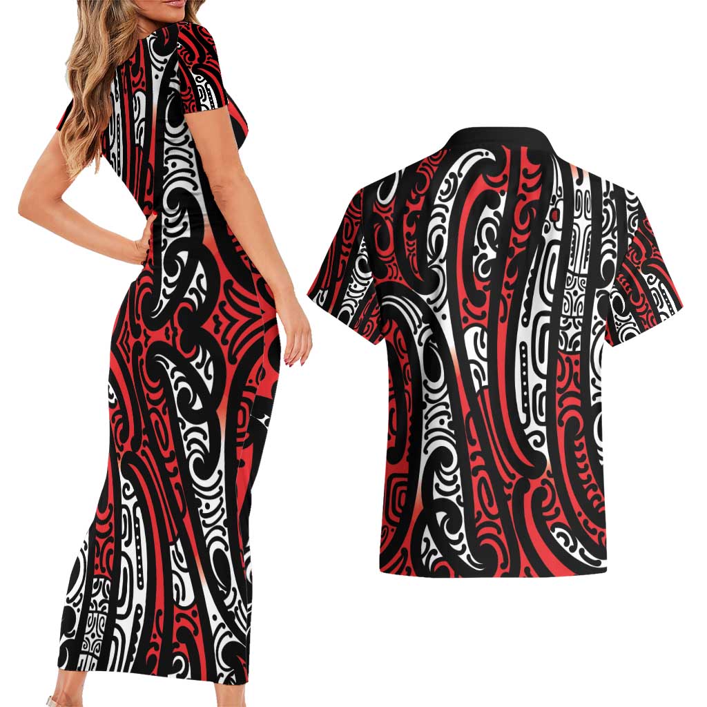 New Zealand Maori Taniko Couples Matching Short Sleeve Bodycon Dress and Hawaiian Shirt Red Kowhaiwhai Puhoro LT9 - Polynesian Pride