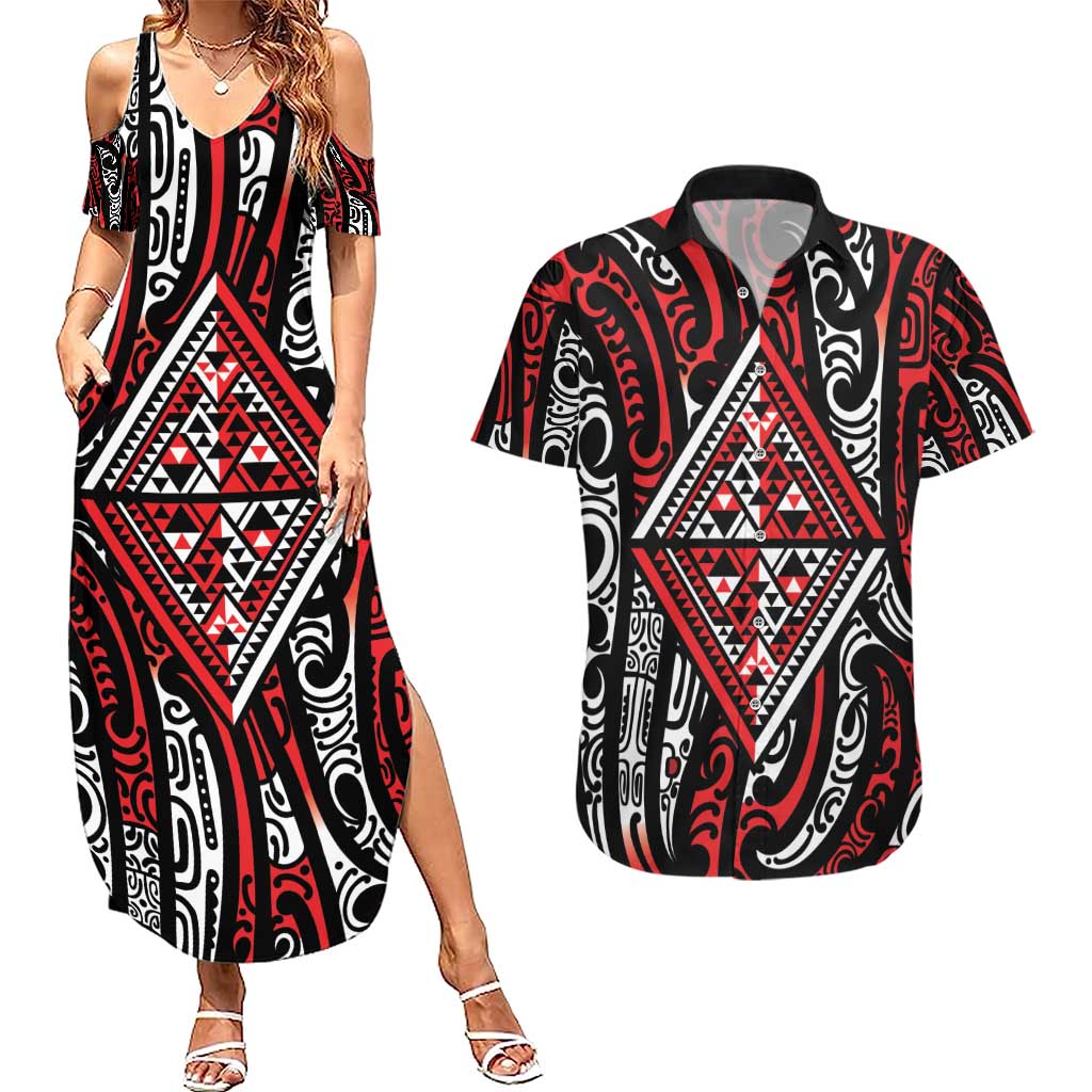 New Zealand Maori Taniko Couples Matching Summer Maxi Dress and Hawaiian Shirt Red Kowhaiwhai Puhoro LT9 Red - Polynesian Pride