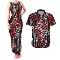 New Zealand Maori Taniko Couples Matching Tank Maxi Dress and Hawaiian Shirt Red Kowhaiwhai Puhoro LT9 Red - Polynesian Pride