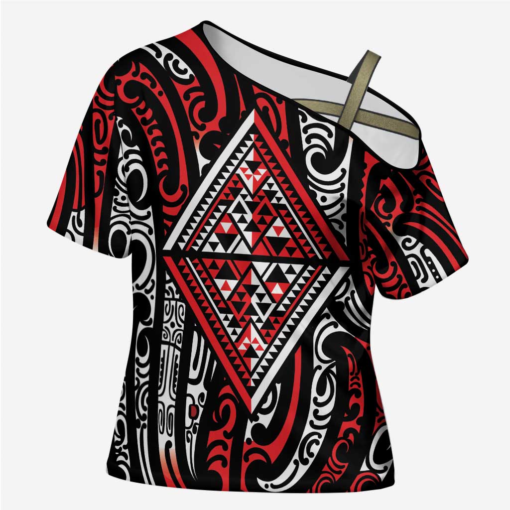 New Zealand Maori Taniko Cross Shoulder Shirt Red Kowhaiwhai Puhoro LT9 Female Red - Polynesian Pride