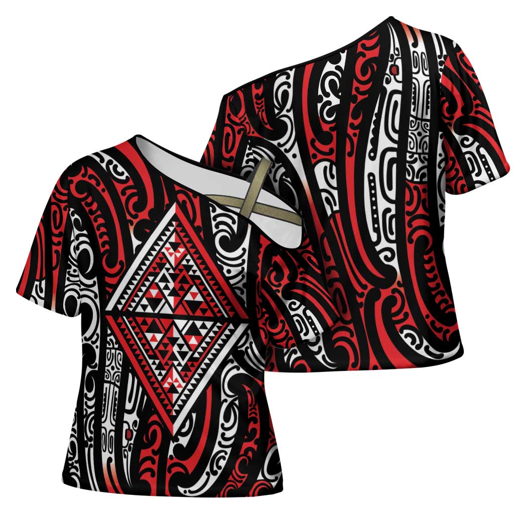 New Zealand Maori Taniko Cross Shoulder Shirt Red Kowhaiwhai Puhoro LT9 - Polynesian Pride