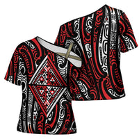 New Zealand Maori Taniko Cross Shoulder Shirt Red Kowhaiwhai Puhoro LT9 - Polynesian Pride