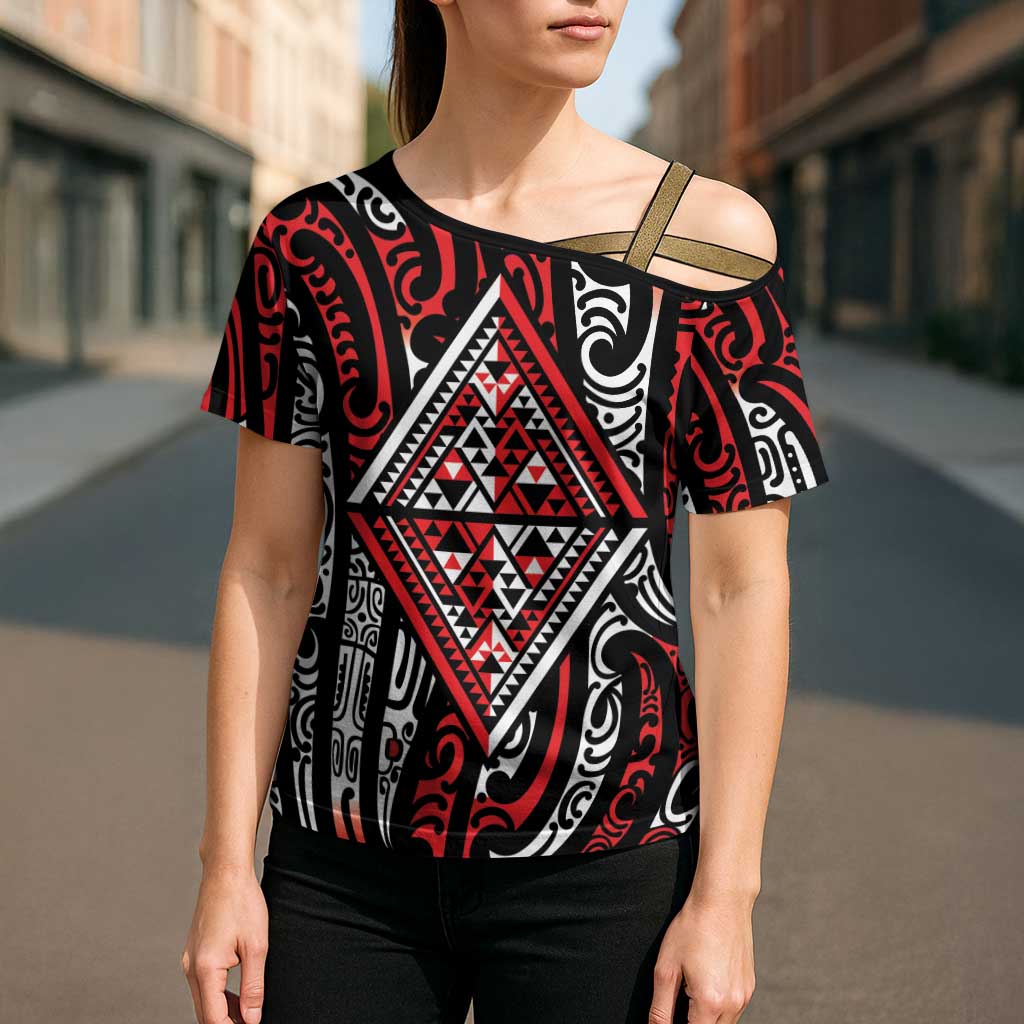 New Zealand Maori Taniko Cross Shoulder Shirt Red Kowhaiwhai Puhoro LT9 - Polynesian Pride