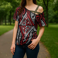 New Zealand Maori Taniko Cross Shoulder Shirt Red Kowhaiwhai Puhoro LT9 - Polynesian Pride