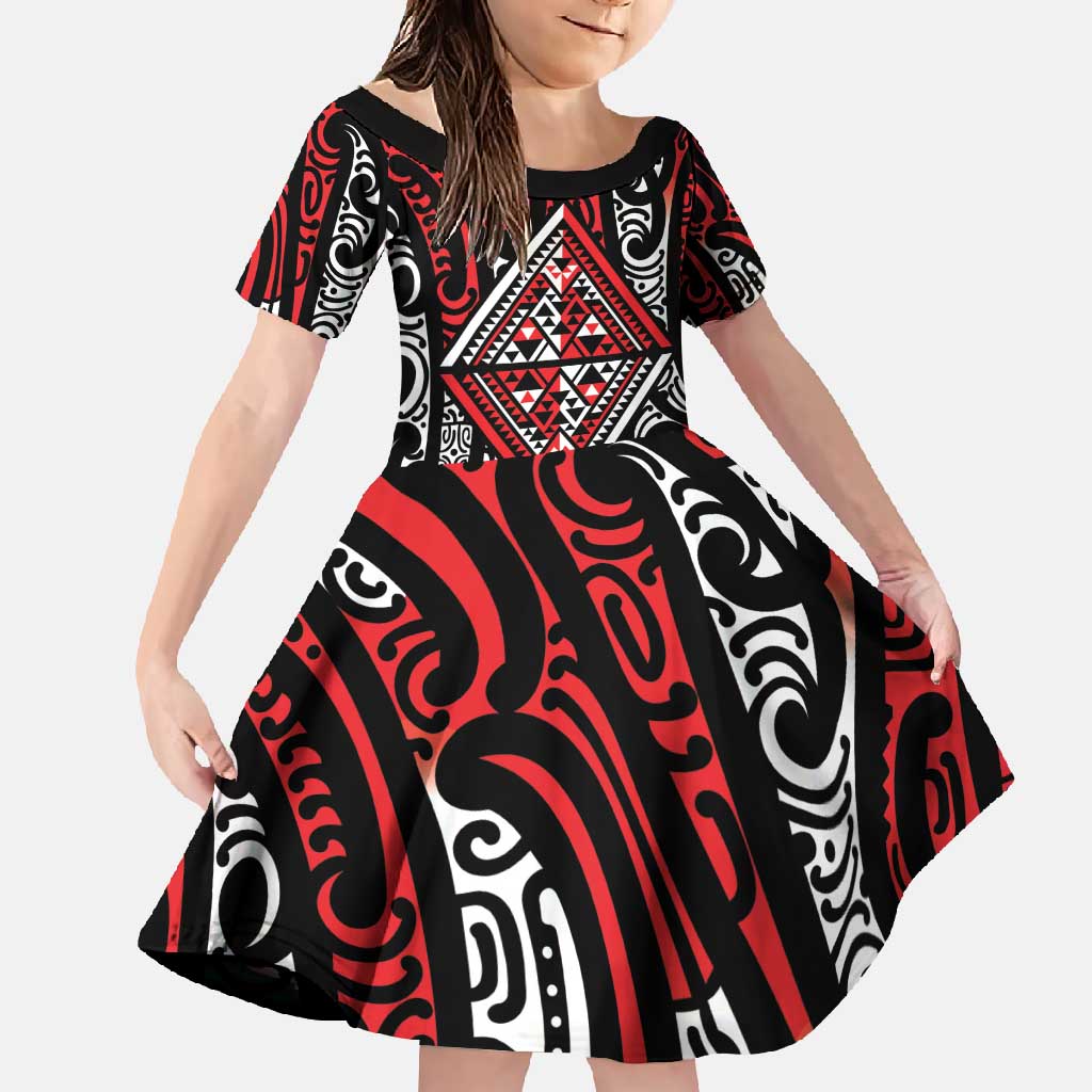 New Zealand Maori Taniko Family Matching Mermaid Dress and Hawaiian Shirt Red Kowhaiwhai Puhoro LT9 Daughter's Dress Red - Polynesian Pride